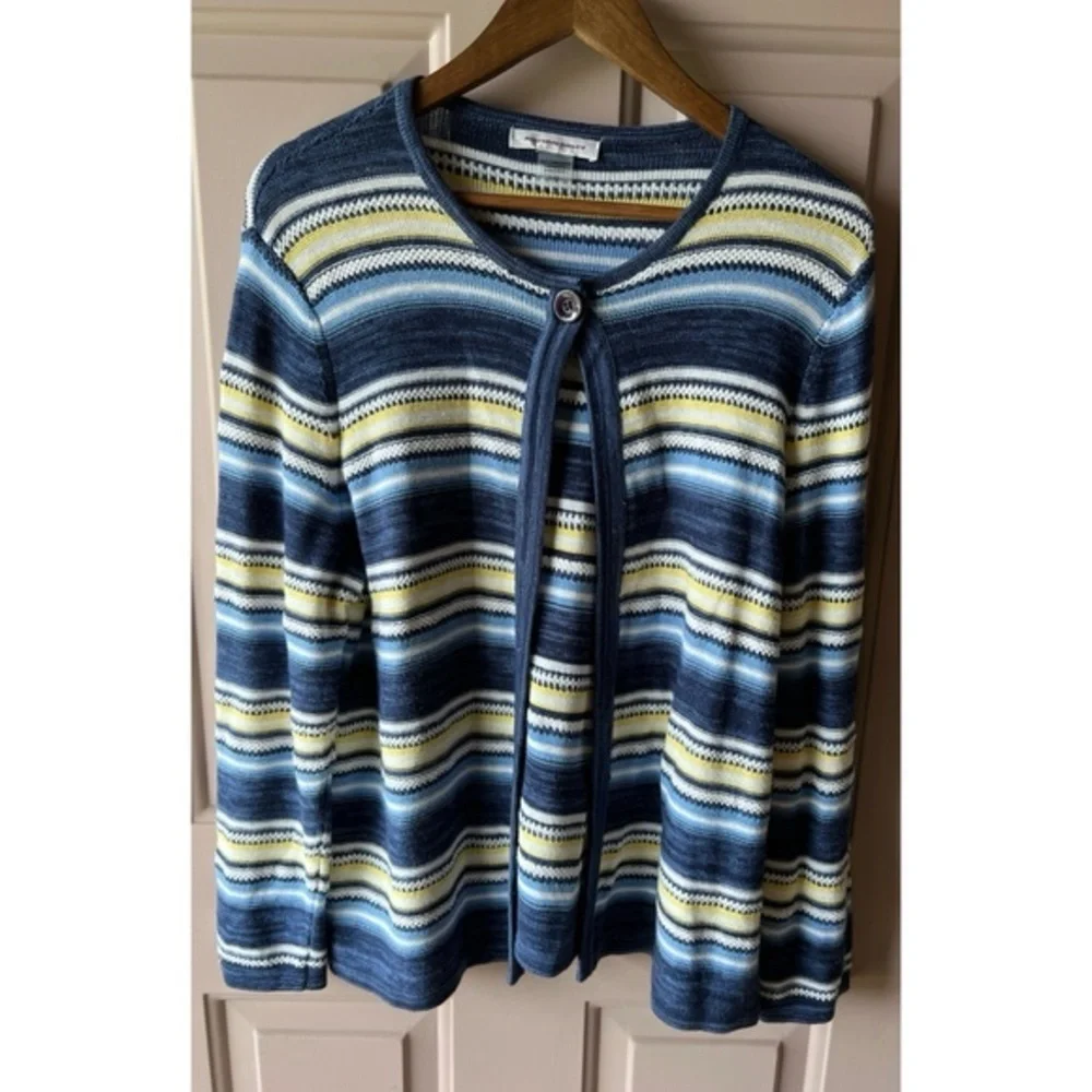 Blue Yellow Stripe One Button Closure Cardigan Allison Daley LNWOT L #976